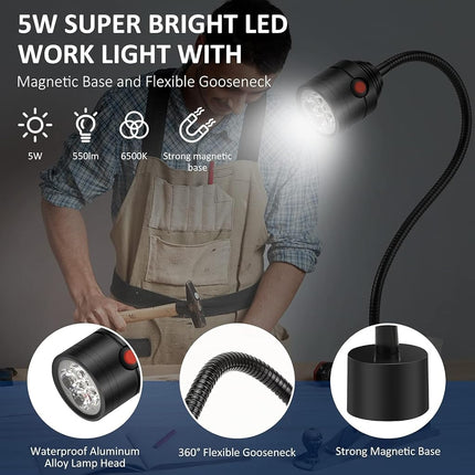 Magnetic Work Light, LED Machine Light with Flexible Gooseneck and Magnetic Base, Shop Tool Lamp for Lathe, Work Bench, Sewing Machine, Grill, Industrial Lighting Black