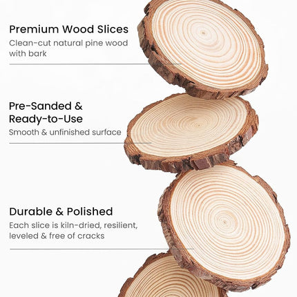 ARTEZA Rodajas de Madera Natural, 25 piezas, 3.5-4 pulgadas de diámetro, 0.4 pulgadas de grosor, Discos redondos de madera de pino con corteza para manualidades, adornos navideños, centros de mesa y pinturas