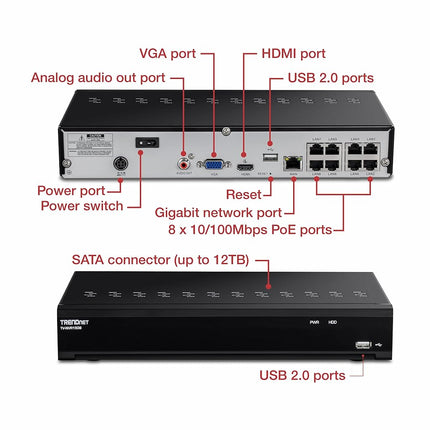 TRENDnet 8-Channel UHD PoE NVR, TV-NVR1508, H.264/H.265 4K (8MP), Up to 12TB Storage (HDD Not Included), Supports one 4K Camera Channel, 56W PoE Power Budget, Rackmount Design, 240fps, Black