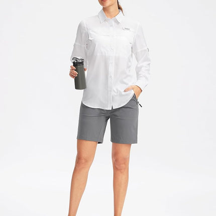 Women's UPF 50+ Sun Protection Shirts Long Sleeve for Fishing Hiking Safari, White, Medium