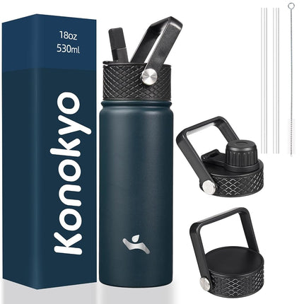 Konokyo Insulated Water Bottle with Straw,18oz 3 Lids Metal Bottles Stainless Steel Water Flask,Navy Blue