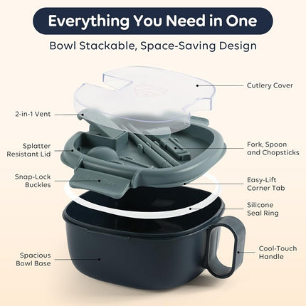 AI Love Peace Microwavable Ramen Bowl with Lid - Leakproof Noodle Container with Built-in Utensils, BPA-Free, Dishwasher & Freezer Safe [Navy]