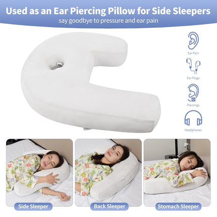 Nockovi 4" Hole Piercing Pillow for Side Sleepers (Pillow with White Velvet Pillowcase, J-Shape)