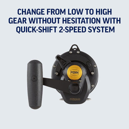 PENN Squall® Lever Drag 2 Speed, Fishing Reel, Conventional Reels, Sea - Offshore Fishing, Saltwater Boat or Kayak Fishing,Unisex, Black Gold, 16 | Right Hand