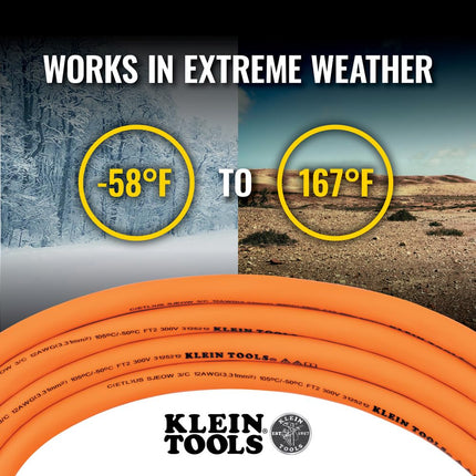 Klein Tools EXC2515 12/3 25-Foot Heavy-Duty Extension Cord with Lighted Ends, 3-Prong, 15A/125V/1875W, Indoor/Outdoor, High Visibility Orange