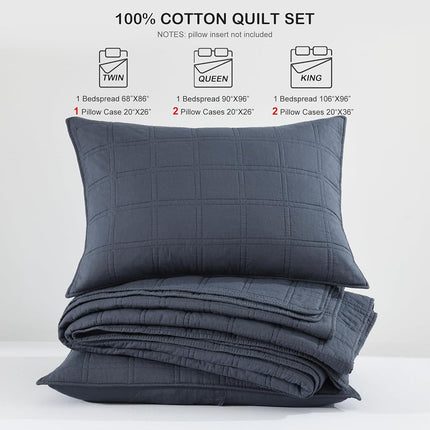 HORIMOTE HOME 100% Cotton Quilt Set Queen Size, Denim Blue Pre-Washed Bedspreads Coverlet Set in Geometric Pattern, Cozy Lightweight Stitching Decorative Bedding Cover with 2 Shams for All Season