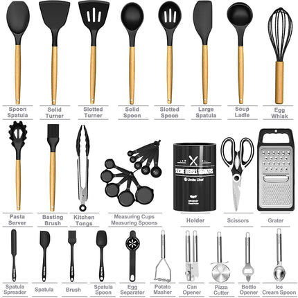 Umite Chef Kitchen Utensils Set- 34PCS Silicone Cooking Utensils with Holder, Heat Resistant Kitchen Utensil Spatula Set for Nonstick Cookware, Black Wooden Handles Kitchen Gadgets Tools Set