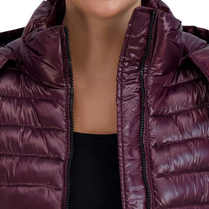 Cole Haan Women's Pearlized Faux Down Jacket with Removable Hood, Sangria, M