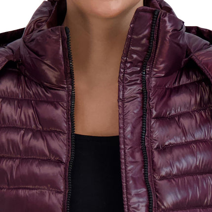 Cole Haan Women's Pearlized Faux Down Jacket with Removable Hood, Sangria, M