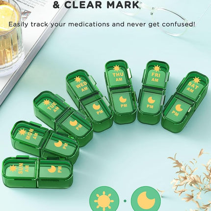 Acedada Pill Organizer 2 Times a Day, 7 Day Am Pm Pill Box - Weekly Pill Organizer with Separate Container, Portable Daily Medicine Planner Dispenser Case for Vitamin, Fish Oils, Supplements, Green