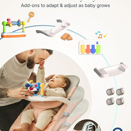 CuddoBaby Baby Bouncer 4-in-1 on Wheels, Detachable Pianos, Feeding Tray, 3-Level Recline Foldable Seat with Play Bar for Infant to Toddler 0-6, 0-12, 12-24 Months, Boy Gift Idea - Blue
