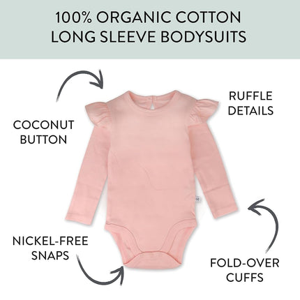 HonestBaby Long Sleeve Bodysuits Multipack Organic Cotton for Infant Baby Girls, Romantic Pink, 3-6 Months