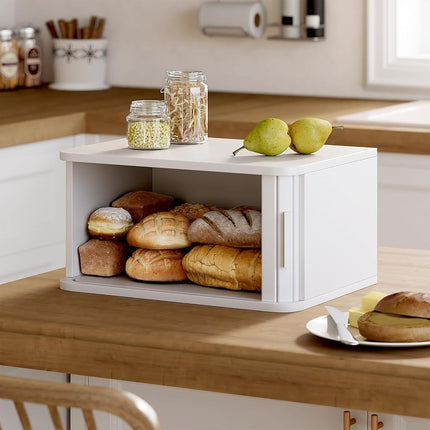 WOWLIVE Bread Box for Kitchen Countertop, Large Roll Top Bread Boxes with Sliding Door, Airtight Bread Storage Container for Loaves, Pastries & Bagels, Bamboo Counter Organizer (White, Medium)