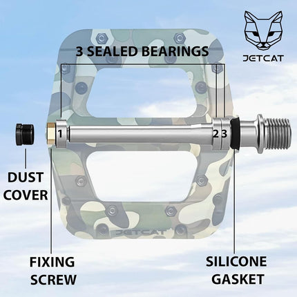 JETCAT Mountain Bike Pedals Flat - MTB Pedals Flat, Bicycle Pedals for BMX/MTN/Road/Gravel/EBike, BMX Pedals, Platform Pedals, Adults & Kids Bike Replacement - Camouflage 9/16