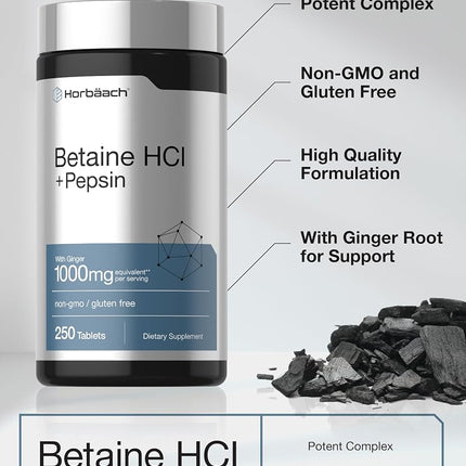 Horbäach Betaine HCl with Pepsin | 250 Tablets | Hydrochloride Supplement