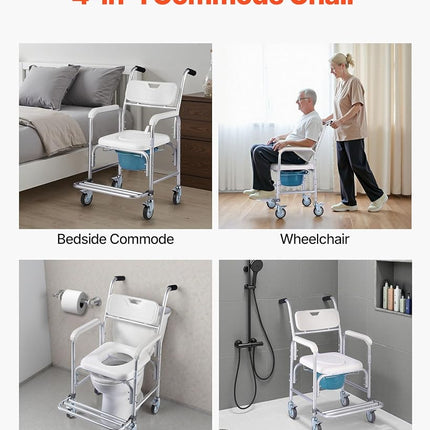 VEVOR Bedside Commode Chair with Wheels, 159 kg Capacity, 4-in-1 Portable Toilet and Raised Toilet Seat with Padded Seat/Backrest/Flip-up Footrest, Detachable 5L Bucket, Shower Wheelchair for Seniors