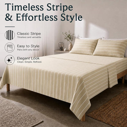 King Striped Sheets Set, Deep Pocket Soft & Cooling Bed Sheet Set, 4PC