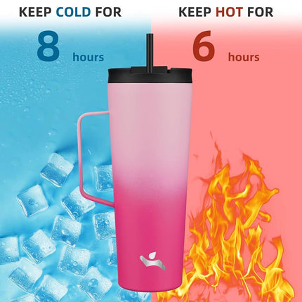 Konokyo Insulated Tumbler with Handle and Straw, 26 OZ Travel Coffee Mug Stainless Steel Cup Metal Water Bottle,Cherry