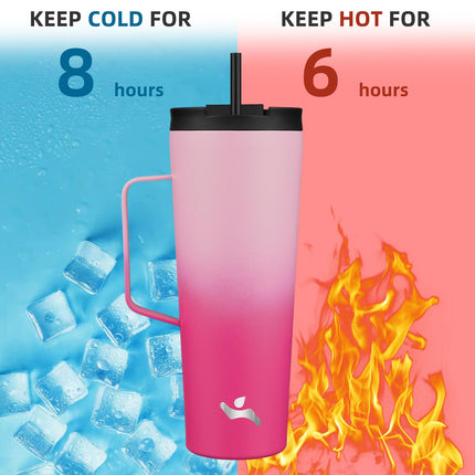 Konokyo Insulated Tumbler with Handle and Straw, 26 OZ Travel Coffee Mug Stainless Steel Cup Metal Water Bottle,Cherry