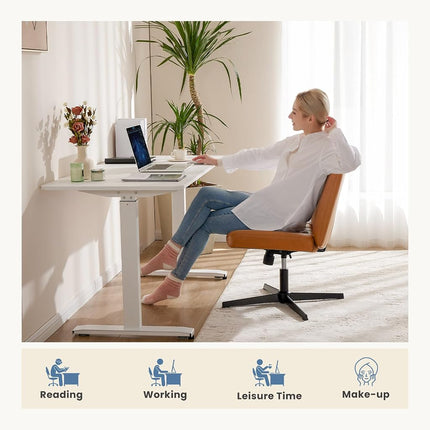 DUMOS Desk Chair No Wheels, Criss Cross Chair Wide Cross Legged Office Desk Vanity Chair, PU Leather Armless Adjustable Swivel Chairs for Home Computer Task Brwon