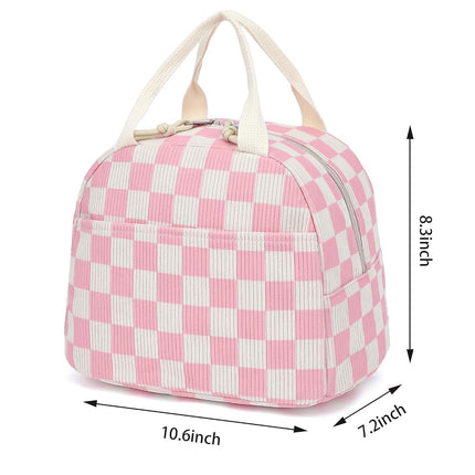 Corduroy Lunch Box for Women Girls, Cooler Lunch Bags Reusable Insulated Lunchbox for Picnic School Work Travel (Checkered Pink)