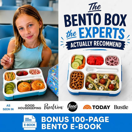 kinsho Bento-Box Lunch Boxes for Kids, Boys, Adults. Leakproof Lunch Set, Bentoboxes for School Or Work. Portion Containers. Bpa Free. 6 Compartments. Fork & Spoon. Blue & Navy Blue Large