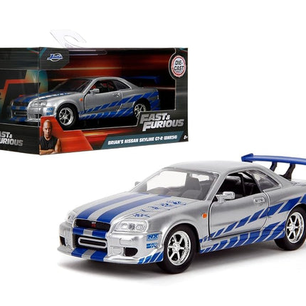 Jada JA97184 1:32 Brian's 1999 Nissan Skyline GT-R (R34) -Silver/Blue, Gris/Bleu