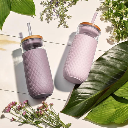 Ello Devon Glass Tumbler with Splash Proof Wooden Lid and Straw, Protective No Sweat Silicone Sleeve, Perfect for Smoothies and Iced Coffee, BPA Free, Dishwasher Safe, Pink Satin, 18oz