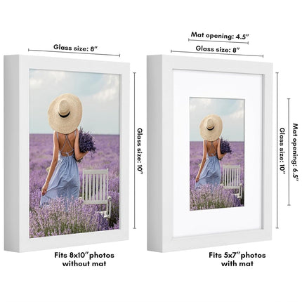 Americanflat 8x10 Picture Frame with Shatter-Resistant Glass - Use as 5x7 Frame with Mat or Display 8x10 Photo Without Mat - Soho Collection - Deep Molding Picture Frames for Tabletop or Wall - White