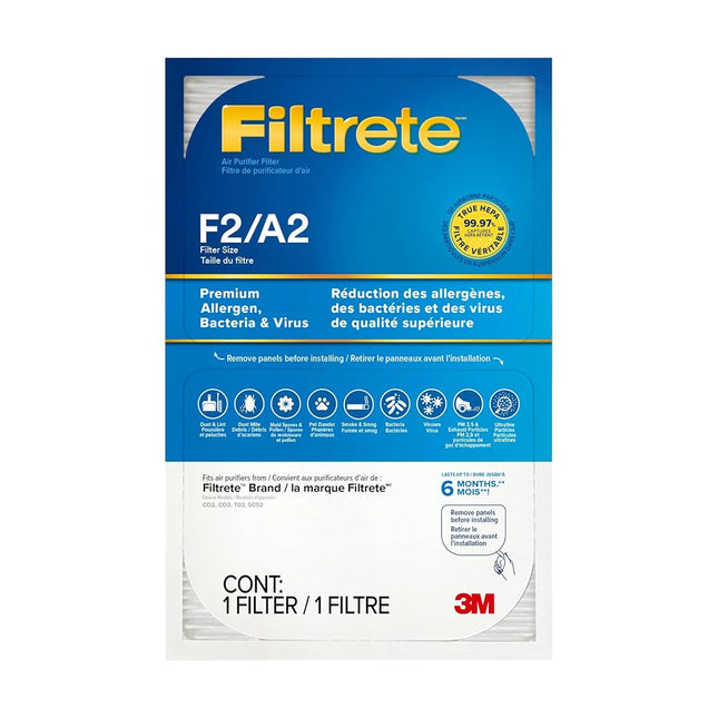Filtrete F2 Room Air Purifier Filter, True HEPA Premium Allergen, Bacteria, and Virus, 13 in. x 8.2 in., 2-Pack, works with devices: FAP-C02, FAP-C03, FAP-SC02, and FAP-T03