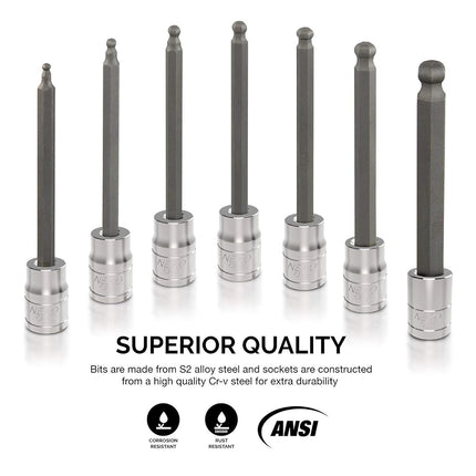 NEIKO 10244A 3/8-Inch-Drive Extra-Long Ball-End Hex-Bit Socket Set, SAE Sockets 1/8" to 3/8", S2 Steel, 7-Piece Set