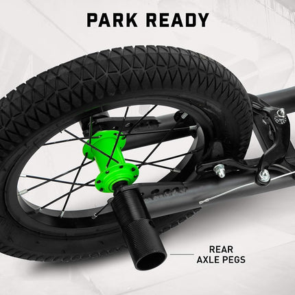 Mongoose Expo Kick Scooter, BMX-Style Handlebar & Brake Cable Rotor, for Riders Ages 6 and Up, Rear Axle Pegs, 12-Inch Air Tires, Max. Weight of 175 lbs., Green/Grey