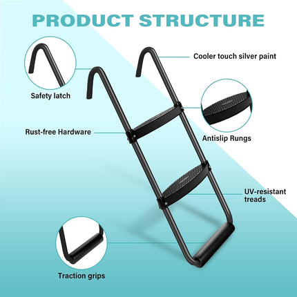Simple Deluxe Trampoline Ladder with Horizontal Wide Steps Skid-Proof Steps Simple Deluxe 12FT 14FT Trampoline Stairs Accessories, Universal Hook UV Treated Steel 220 lbs, Trampoline Parts Black