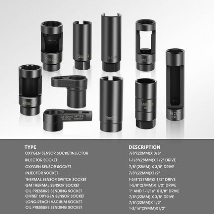 DNA MOTORING 10pcs Professional Oxygen Sensor Socket Removal Tool Set Oxygen Sensor Wrench Removal Tool Oil Pressure Sensor Socket Universal O2 Sensor Wrench Kit for Automotive Repair, TOOLS-00776