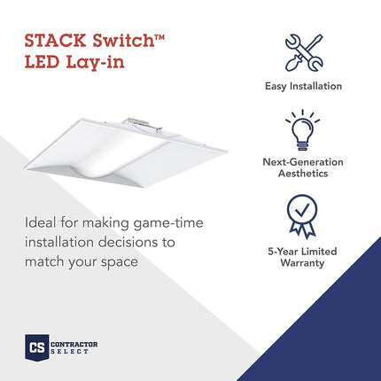 Lithonia Lighting STAKS 2X2 ALO3 SWW7 2 ft. x 2 ft. Stack Switch LED Lay-in Ceiling Light Fixture for Commercial Use, 3500K-5000K Switchable Color Temperature, 3000-5000 Adjustable Lumens, White