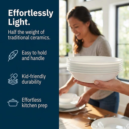 Corelle Pasta 6 Piece Bowl Set – Durable Tempered Glass Resists Chips & Cracks – Lightweight Space-Saving Design with Non-Porous Easy-Clean Surface – 591ml Capacity, Winter Frost White