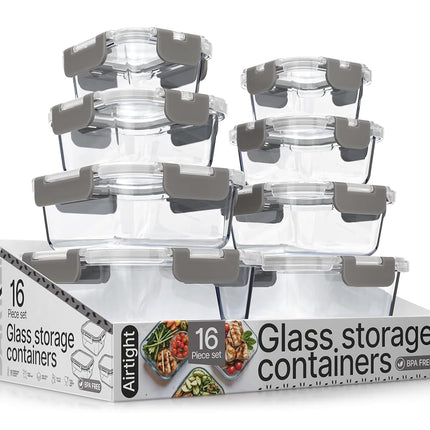 Récipients de Conservation Alimentaire en Verre Borosilicate Gris avec Couvercles 16 Pièces, Qualité Alimentaire, Sans BPA, Empilables, pour Déjeuner et Restes, Adaptés au Micro-ondes, Congélateur et Lave-vaisselle, Hermétiques et Anti-fuite