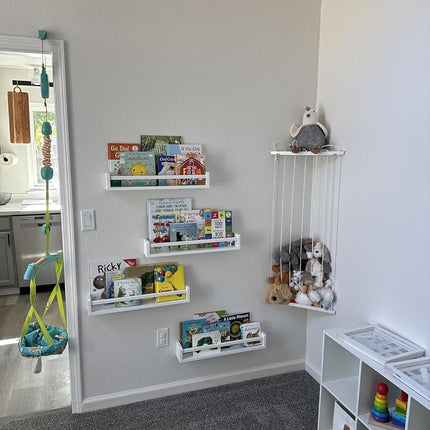Befayoo Corner Stuffed Animal Storage Toy Organizer - Kids Room Stuffed Animal Holder Length Adjustable Plushie Toys Shelf - Large Corner Plush Toys Storage for Nursery Playroom Bedroom (White)