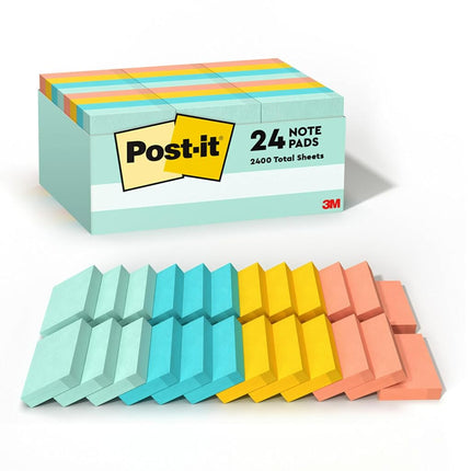 Post-it Notes, 1.5x2 in, 24 Pads, America's 1 Favorite Sticky Notes, Beachside Caf� Collection, Pastel Colors, Clean Removal, Recyclable (654-14AU)