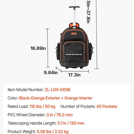 VEVOR Rolling Tool Backpack, 110 lbs Load Capacity, 45 Pockets Heavy Duty Roller Tool Bag on Wheels, Adjustable Telescoping Handle & Stable Base, Toolbag Organizers for Construction, Mechanic