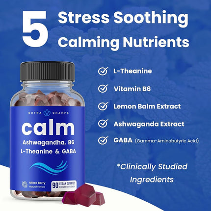 NutraChamps Calm Gummies | Stress Supplement with Ashwagandha, L-Theanine, GABA, Vitamin B6 & Lemon Balm Supports Mood, Focus Relief Vegan Non-GMO Natural Berry 90 (2 Pack), 0.472 kilograms