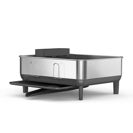 simplehuman Compact Steel Frame Dish Rack, Kitchen Drainer, 360º Swivel Spout, Wine Glass & Cutlery Holder, Grey with Brushed Stainless Steel, W 38.0cm x H 19.0cm x D 39.4cm, KT1184DC