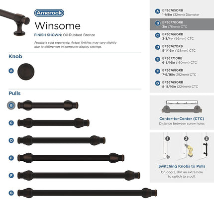 Amerock BP36770ORB Winsome Cabinet Pull, 3 in (76 mm) Center-to-Center, Oil Rubbed Bronze