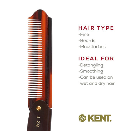 Kent 82T 4" Handmade Folding Pocket Comb for Men, Fine Tooth Hair Comb Straightener for Everyday Grooming Styling Hair, Beard or Mustache, Use Dry or with Balms, Saw Cut Hand Polished, Made in England