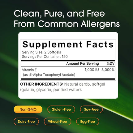 NatureBell Vitamin E Oil Softgels, 1,000 IU Per Serving, 300 Pills | Essential Antioxidant Supplements, Easily Absorbed Form – Supports Skin, Heart, & Immune Health – Non-GMO