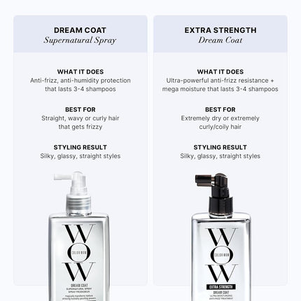 COLOR WOW Extra Strength Dream Coat, powerful, ultra moisturizing, anti humidity treatment for extremely frizz prone hair; glassy smooth, straight + resistant styles up to 3-4 washes