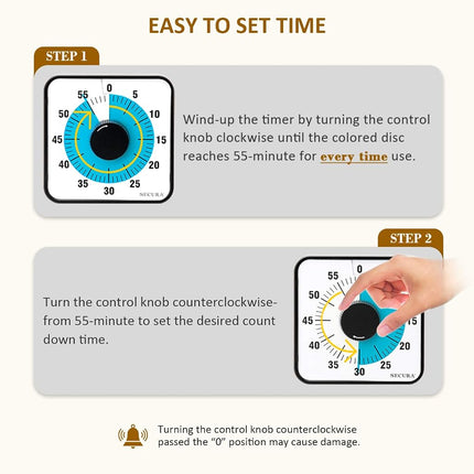 Secura Kitchen Timer 60-Minute Mechanical Visual Timers for Cooking, 7.5-Inch Oversize Countdown Clock for Teaching, Meeting, Facial with Magnetic Backing, Collapsible Legs, Hanging Hole (Blue)