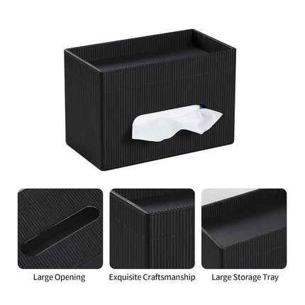 Cretkhp Rectangular Tissue Box Cover with Storage Tray, PU Leather Tissue Box Holder for Bathroom Vanity Countertop Night Stands Bedroom Office Desk, Stylish Tissue Holder Decorative Organizer (Black)