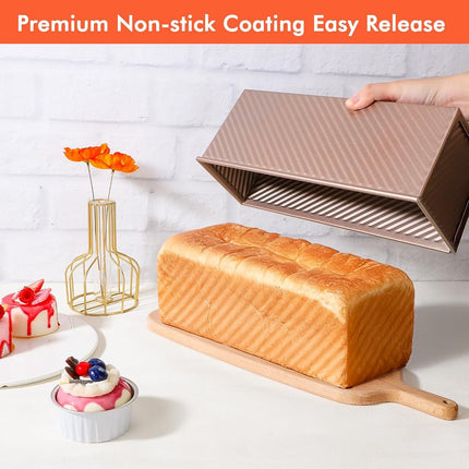 Beasea 2lb Pullman Loaf Pan with Lid, 1 Pack 12x4inch Large Bread Loaf Pans Carbon Steel Toast Box with Dough Scraper Set for Homemade Bread Bakeware Oven Baking - Rose Gold