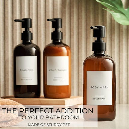 Stylish Shampoo and Conditioner Dispenser Set of 3 - Modern 21oz Shower Soap Bottles with Pump and Labels - Easy to Refill Body Wash Dispensers for an Instant Bathroom Decor Upgrade